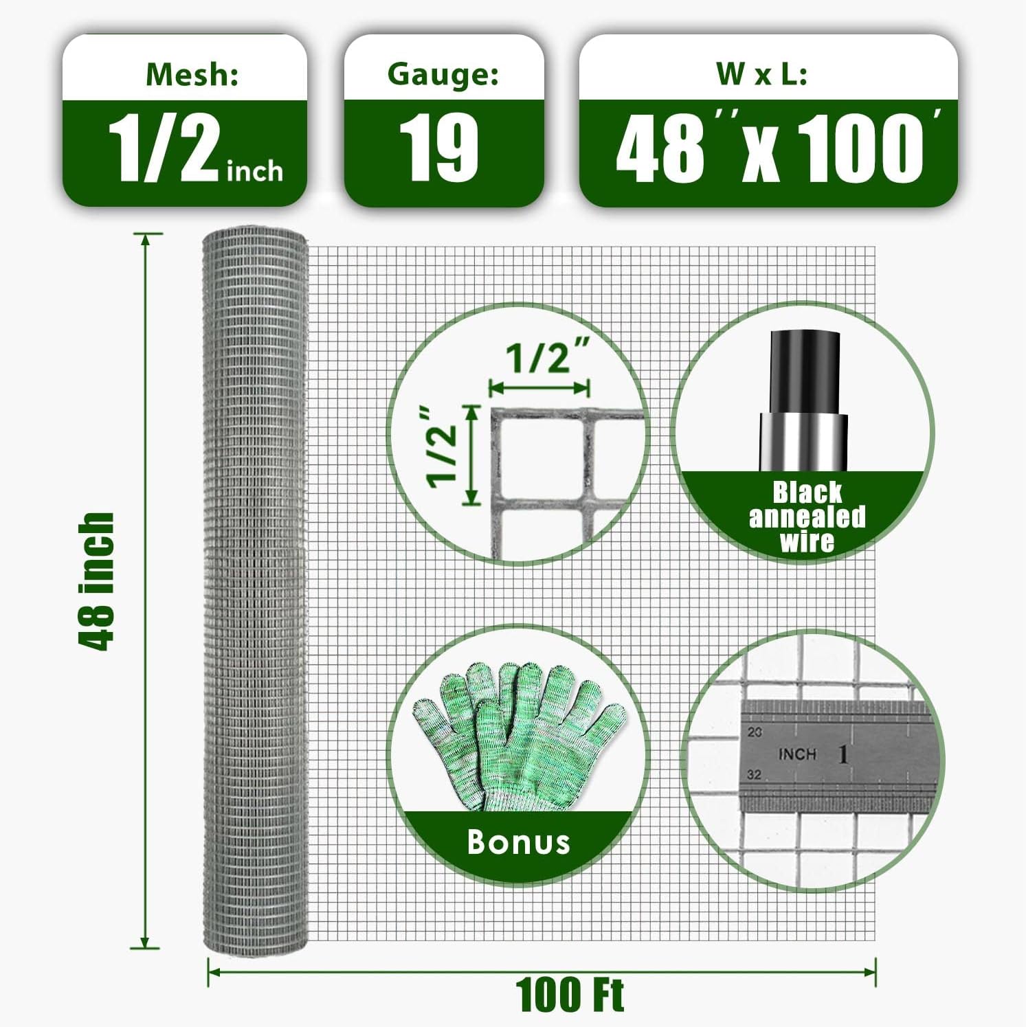 Hardware Cloth 1/2 inch 48 x 100 Ft 19 Gauge - Hot Dipped Galvanized After Welding - Chicken Wire Fencing Gopher Wire Mesh Roll Garden Fence Catio Wire Mesh Fence