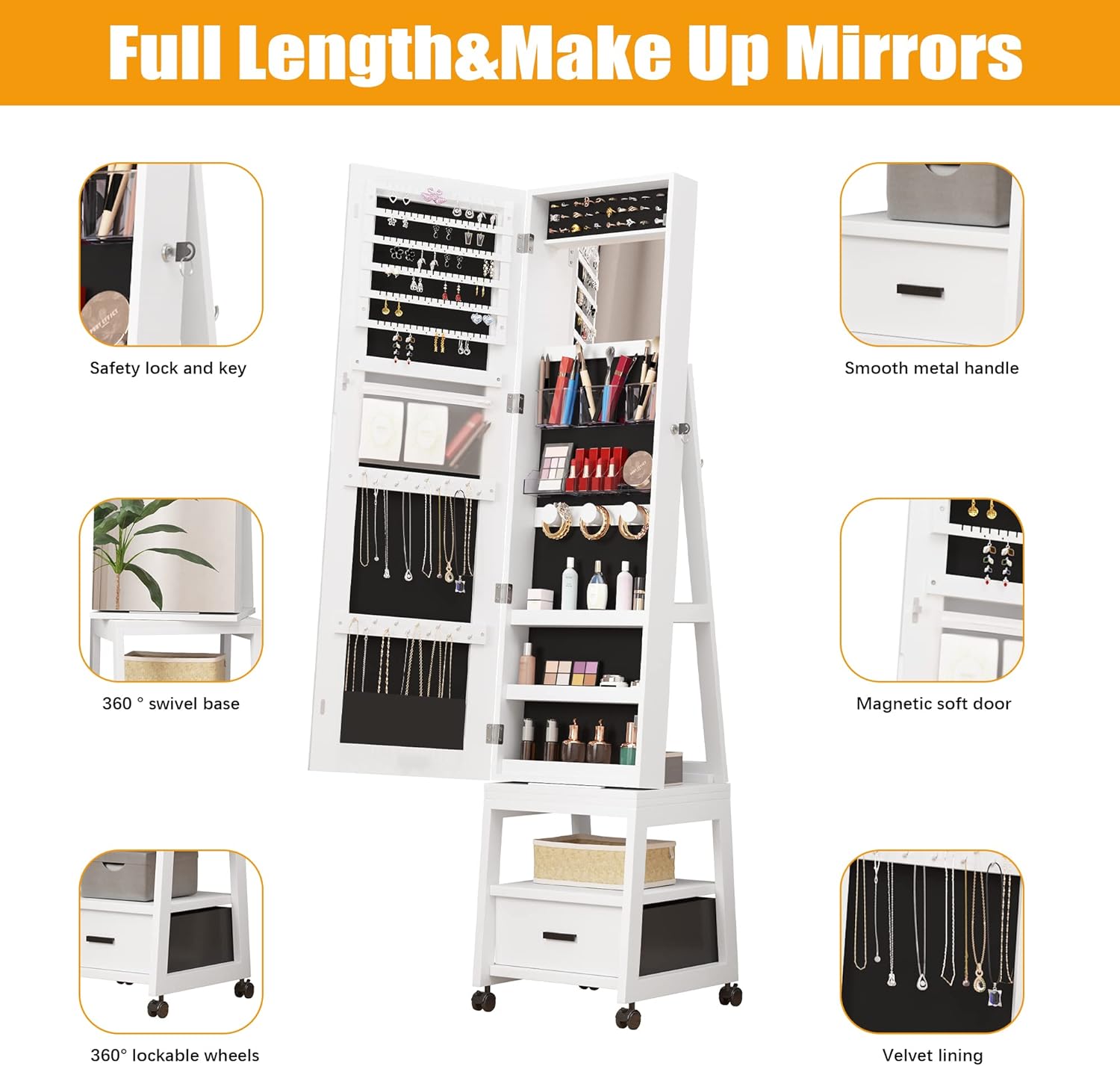 360° Swivel Jewelry Armoire, Floor Standing Locking with Full Length Mirror,Bottom Drawer, Shelf, Wheels,White Cabinet with Large Storage Capacity (White push-pull)