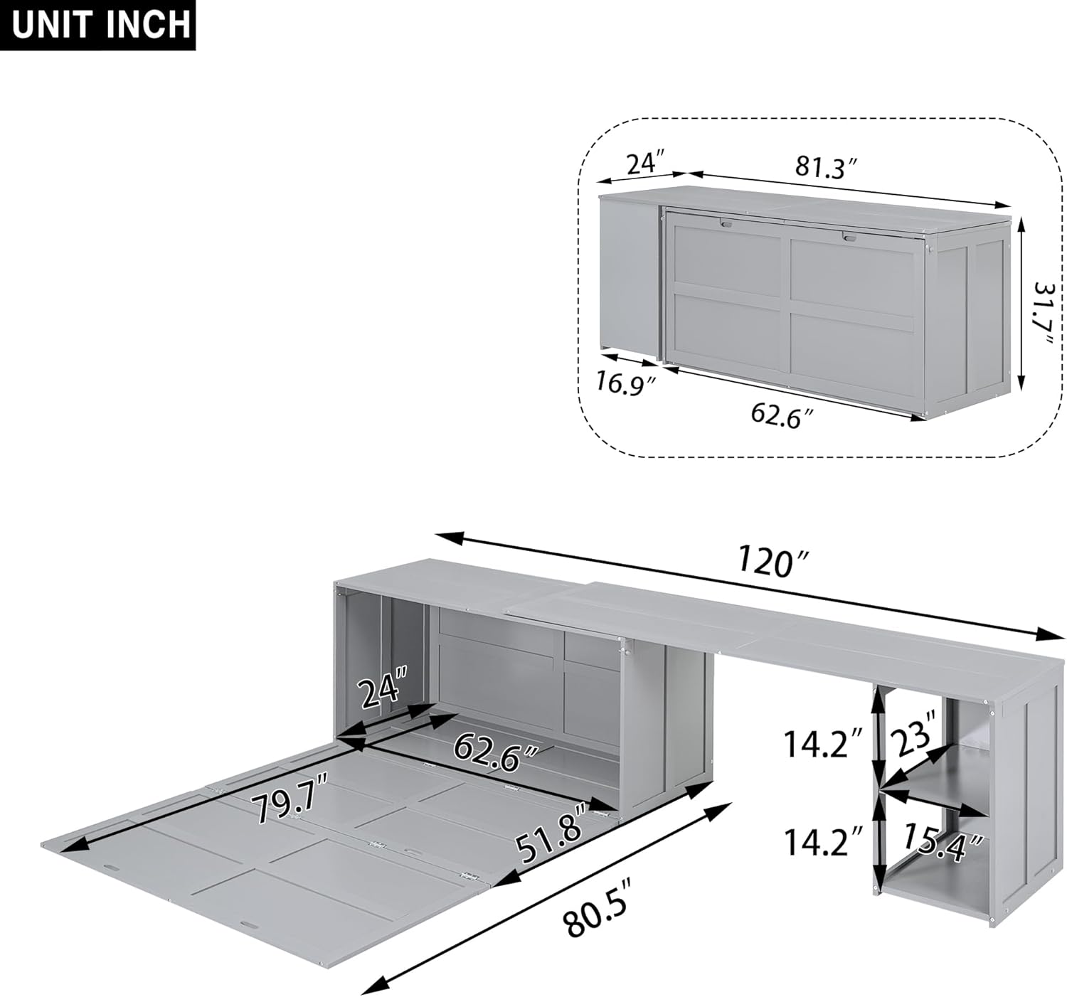 Merax Murphy Bed Queen Size, Murphy Cabinet Bed with Rotatable Desk and Shelves, Gray