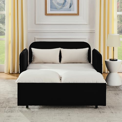 53" Convertible Sofa Bed-Velvet Pull Out Couch with Removable Armrests, 3 in 1 Loveseat Sleeper Sofa Bed, Queen Sleeper Sofa with USB Power Port, Sofa Cama Moderno with Side Pockets