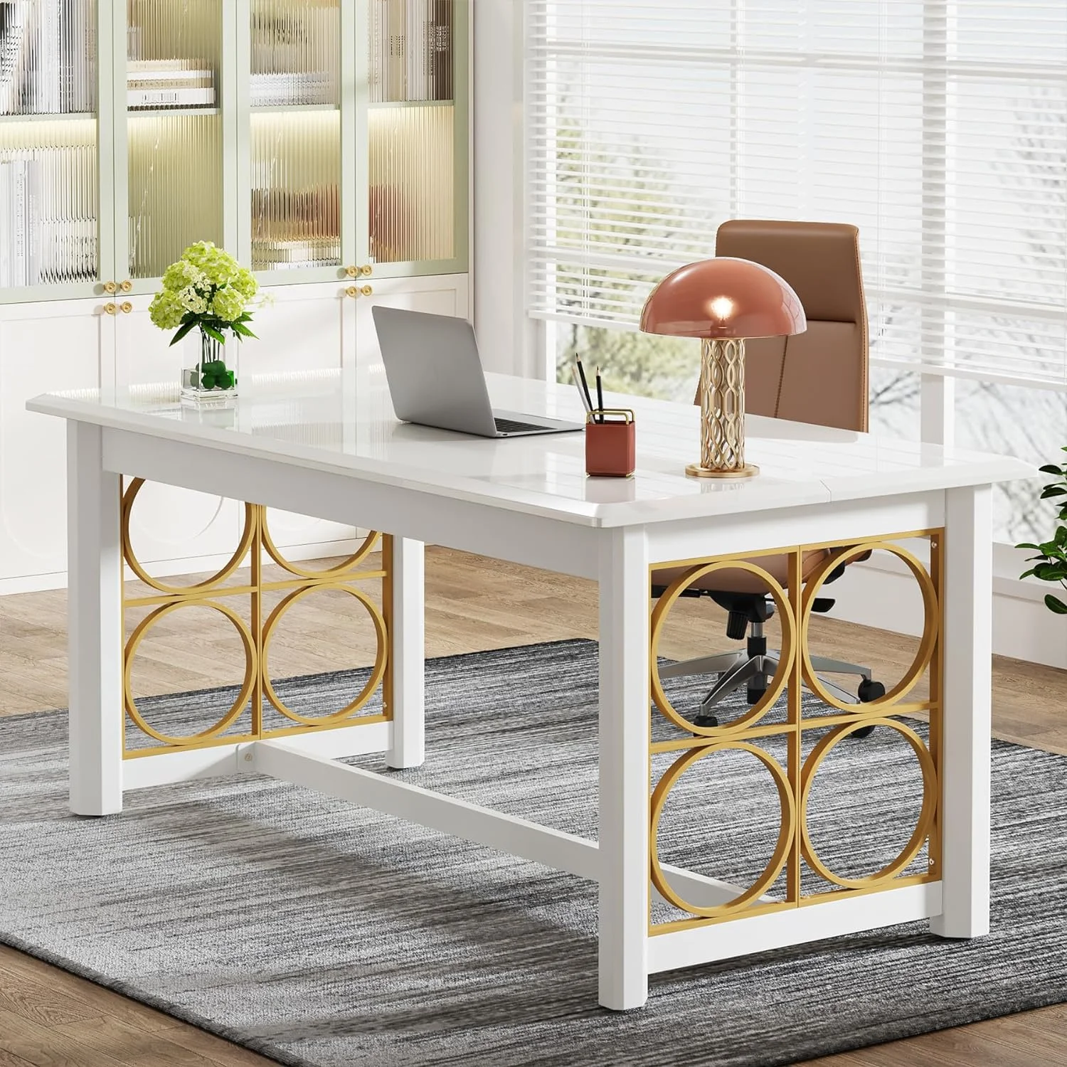 63 Inch Executive Desk, Modern Office Desk with Gold Metal Legs, Large Computer Desk for Home Office
