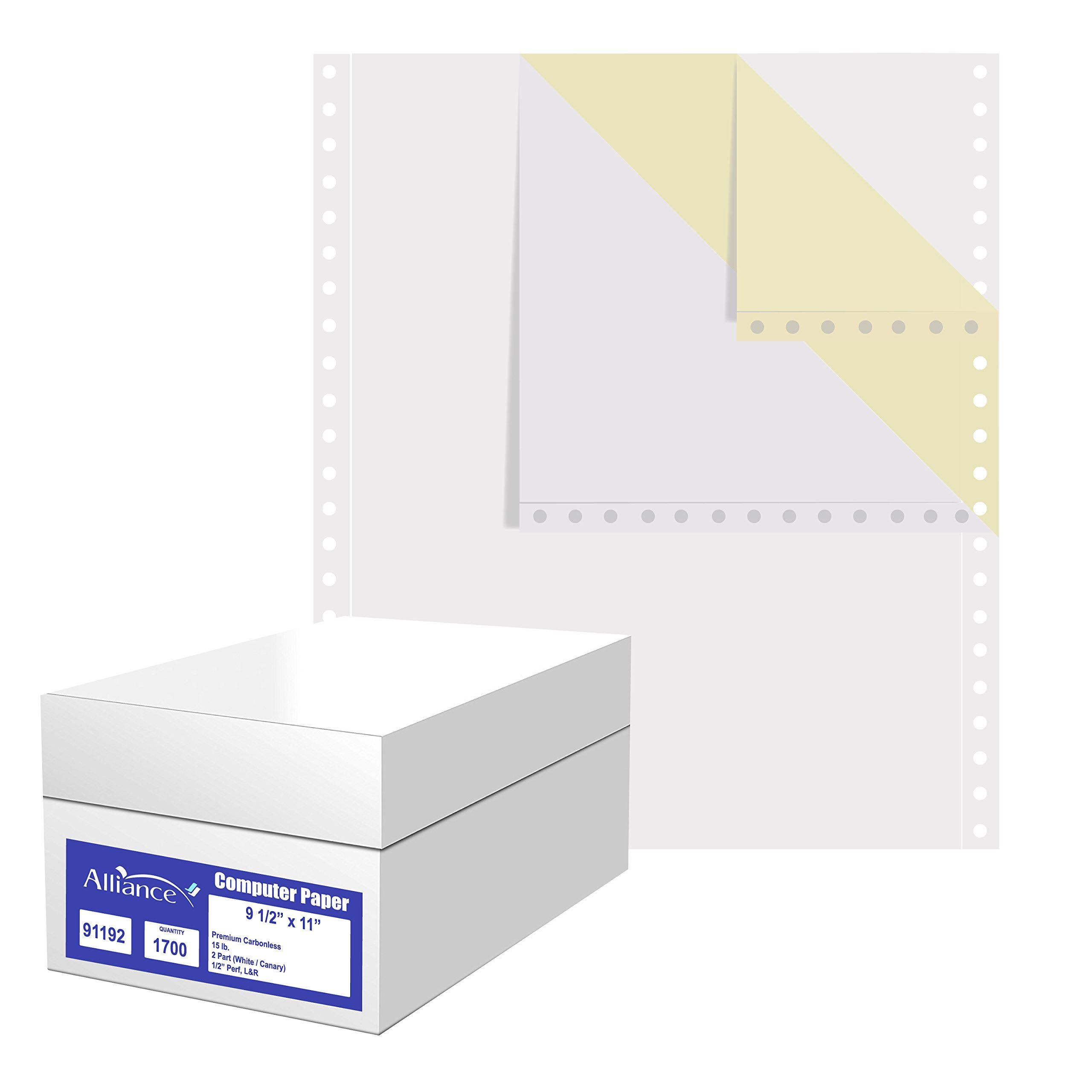 Alliance Premium Carbonless Computer Paper 9-1/2x22 x 11x22 Blank Left u0026 Right Perforated 2-Part White/Canary 15lb 92 Bright