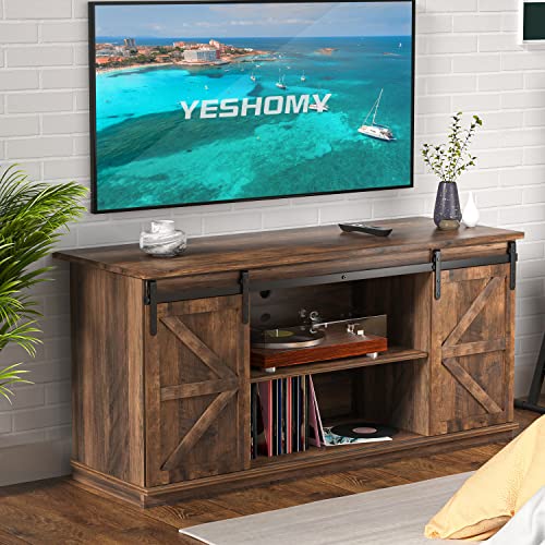 YESHOMY Farmhouse TV Stand for Televisions up to 65 Inches, Sliding Barn Doors and Storage Cabinets, Console Table and Media Furniture for Living Room, 58 Inch, Milk White