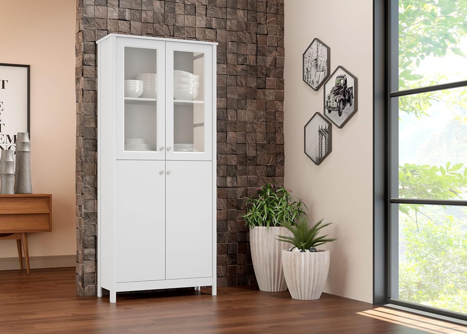 Classic 4-Door Bookcase in White | Combination Glass and Wood 4-Door Library |
