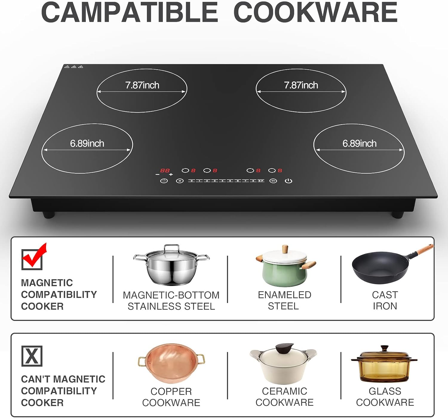Induction Cooktop 30 Inch, GTKZW 6400W Electric Cooktop 4 Burners 220v,Built-in Electric Stove Top, LED Touch Screen, 9 Heating Level, Kid Safety Lock, Keep Warm Function,Hardwired, no Plug