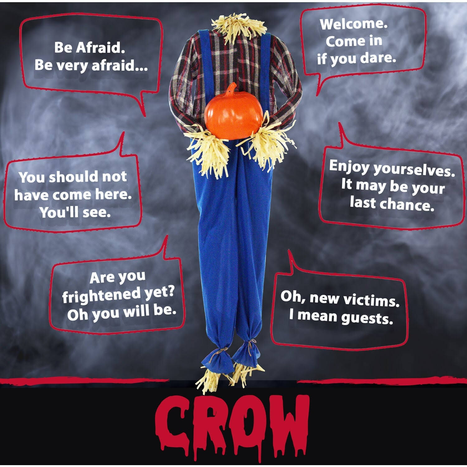 Haunted Hill Farm Life-Size Animatronic Scarecrow, Indoor/Outdoor Halloween Decoration, Light-Up Face Talking, Battery-Operated