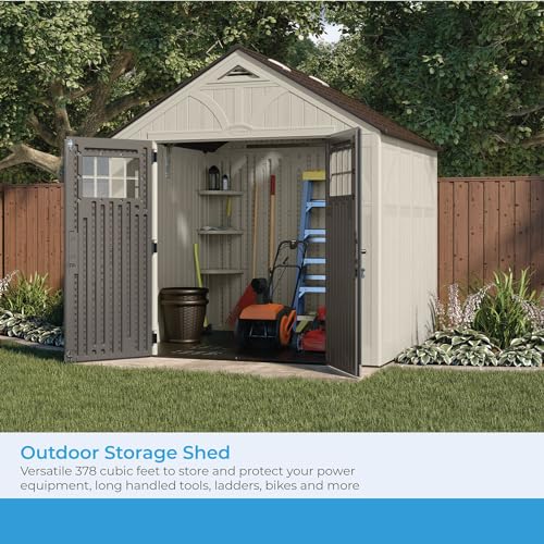 Suncast 8' x 7' Heavy-Duty Resin Tremont Storage Shed with Reinforced Floor, Skylights for Natural Light, Lockable Double Doors, Cream, Made in the USA