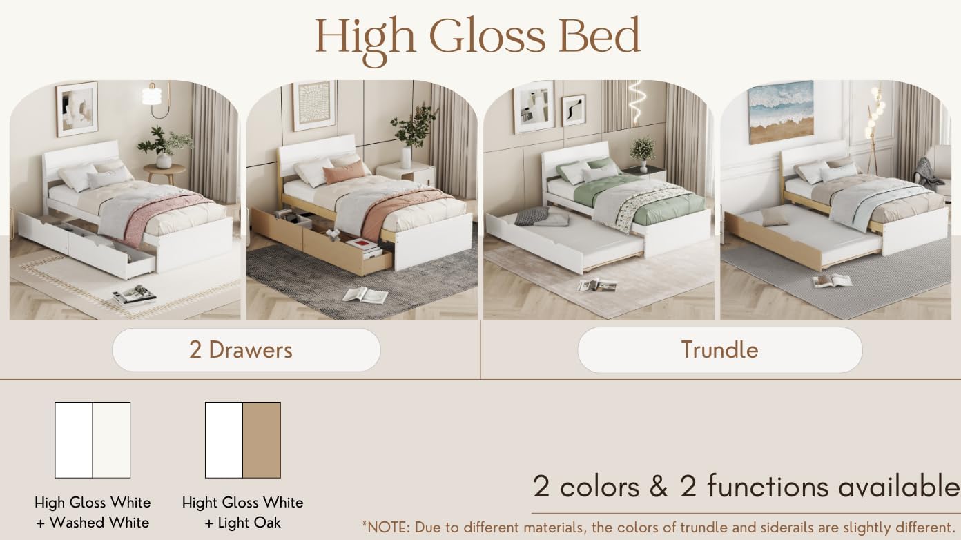 Modern Twin Bed Frame with Twin Trundle for White High Gloss Headboard and Footboard with Washed White Color