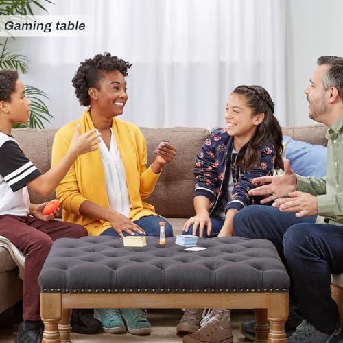 33-inch Large Square Ottoman Coffee Table with Storage Shelf and Solid wood Legs - Button Tufted Upholstered Linen Ottoman stool for Living room，Office, Bedroom, Farmhouse (Beige)