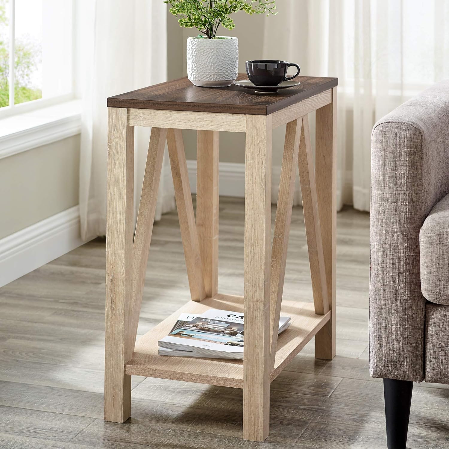 Walker Edison Modern Farmhouse A-Frame Wood Rectangle Side Table Living Room Small End Accent Table, 13 Inch, Rustic Oak