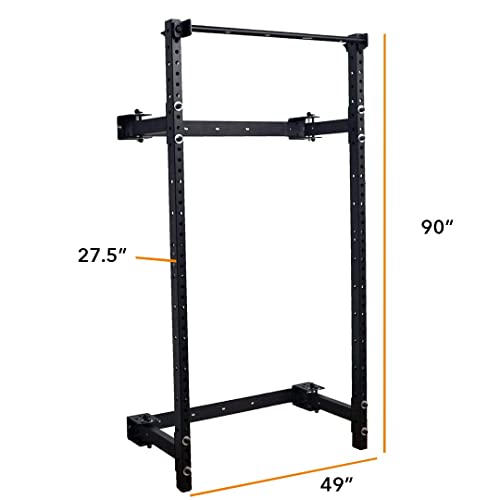 PRx Performance Wall Mounted Folding Power Squat Rack - Heavy Duty Adjustable Pull Up Bar, Space Saving Home Gym Equipment with Durable J-Cups, Ideal for Weight Lifting and Strength Training - Black