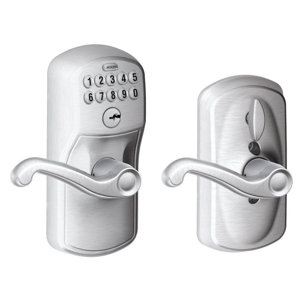 Schlage FE595 PLY/FLA Plymouth Keypad Flex-Lock Entry Leverset with Flair Lever Satin Chrome