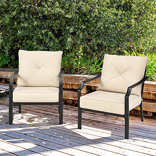 Giantex Set of 2 Patio Chairs, Outdoor Armchairs with Padded Cushions, Bistro Dining Chairs Iron-Frame Lawn Chairs for Porch Backyard Garden Balcony (Black & Beige)