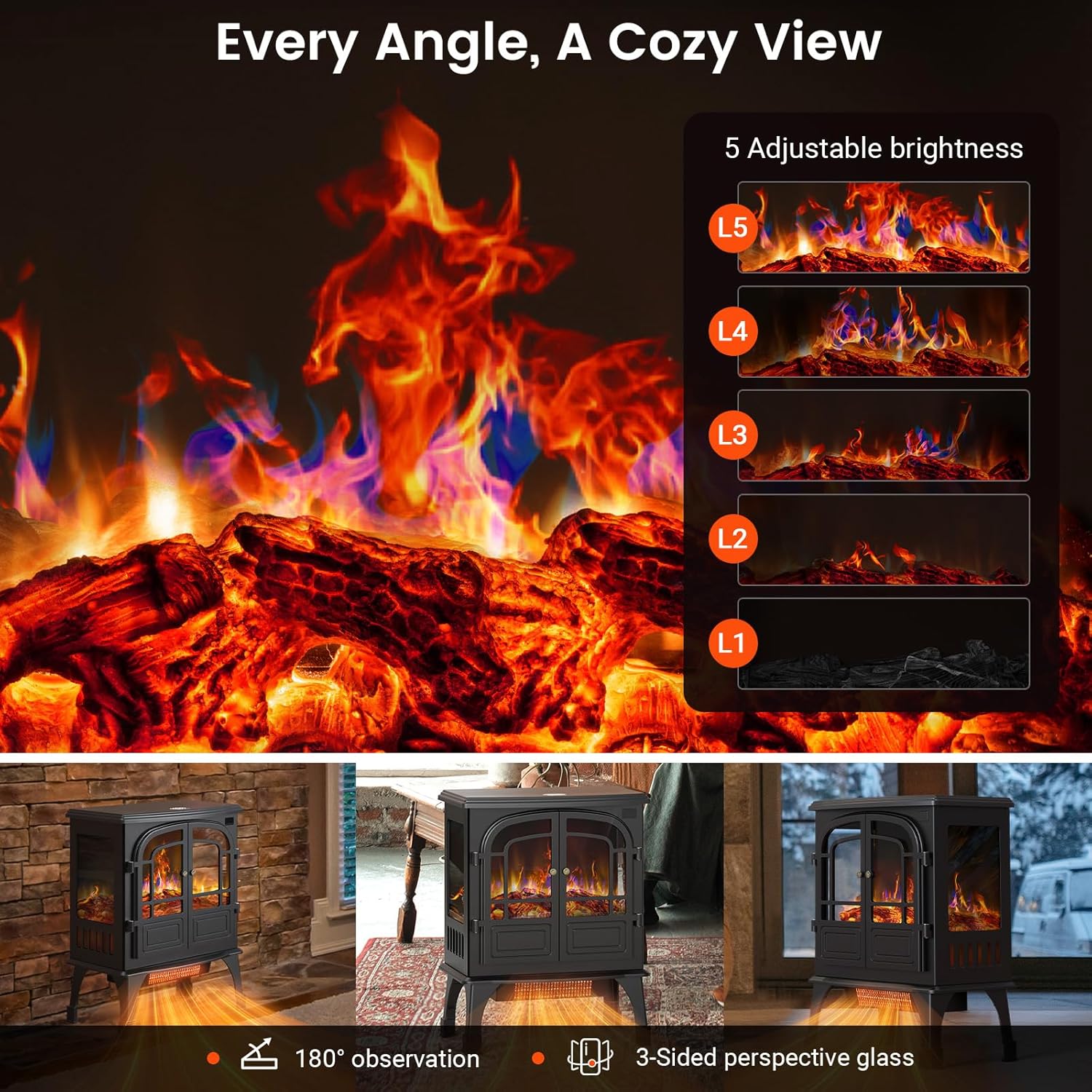 24'' Electric Fireplace Heater, Fire Places Stove with Remote Control, 3D Realistic Flame, Overheating Safety Protection, Timer, 5 Flame Brightness, 2 Heating Mode 750/1500W for Home