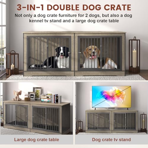 86 Inch Double Dog Crate Furniture with Divider, 4 Combination Forms Large Dog Kennel Furniture for 2 Dogs, Rustic Brown Corner Dog Kennel for Small Medium Large Dogs