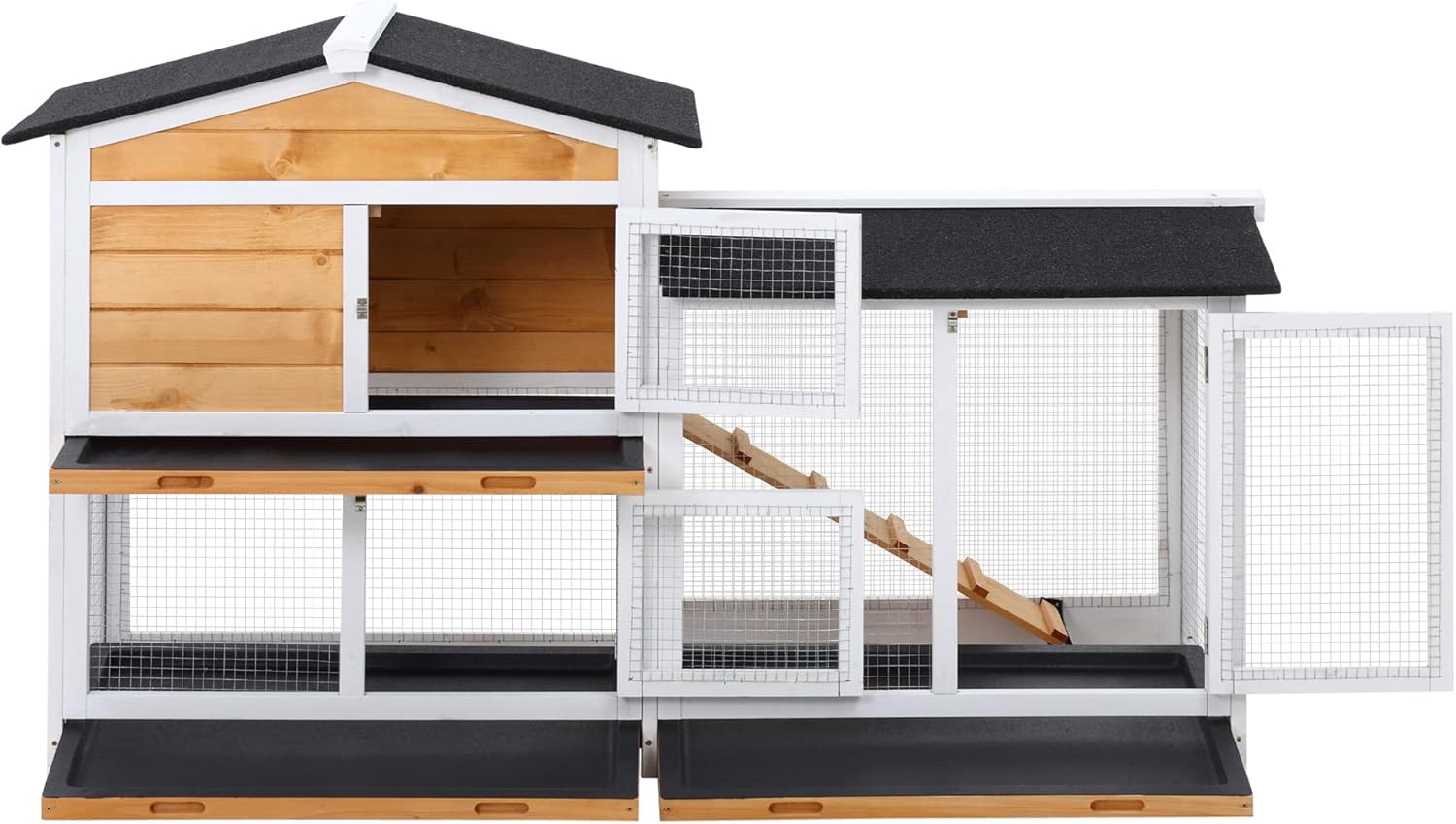 2-Story Rabbit Hutch Wooden Bunny Hutch Cage Small Animal House with Ramp, No Leak Tray, Weatherproof Roof and Outdoor Run, Indoor/Outdoor, Yellow