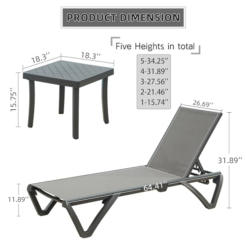 Patio Chaise Lounge Chair Set of 3,Outdoor Aluminum Polypropylene Sunbathing Chair with 5 Adjust Position,Side T for Beach,Yard,Balcony,Poolside(Grey,2 Lounge Chair+1 T) Patio Furniture & Accessories