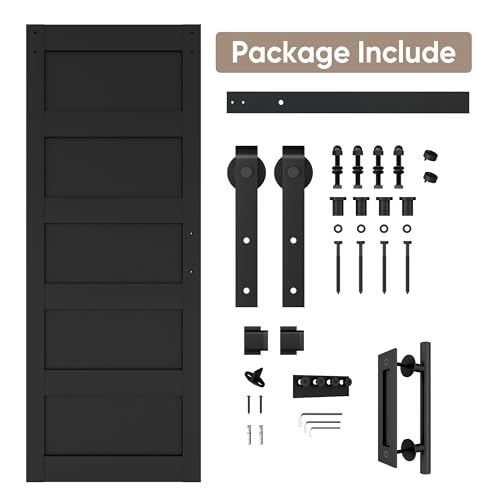 JUBEST 36" x 84" Barn Door, Slding Barn Door Kit Wave Shape Barn Door Panel with Hardware Kit Include, Easy Installation, Solid Wood, MDF & PVC Covered, Black