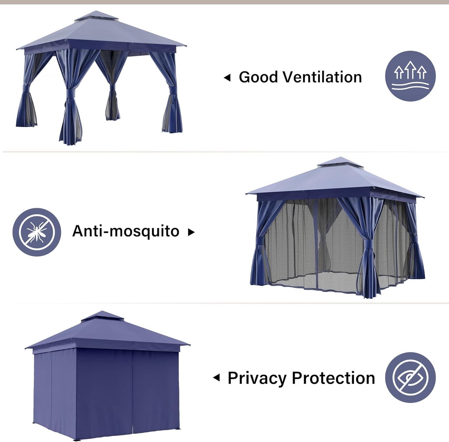 LAUSAINT HOME Outdoor Patio Gazebo 10'x10' with Expansion Bolts, Heavy Duty Gazebos Shelter Party Tent with Double Roofs, Mosquito Nettings and Privacy Screens for Backyard, Garden, Lawn, Navy Blue