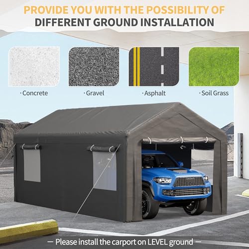 Outdoor Carport 10x20 ft, Car Canopy Portable Garage with Roll-up Ventilated Windows and All-Season Tarp Cover, Heavy Duty Car Port with Removable Sidewalls for Car, SUV, Boats (Grey)