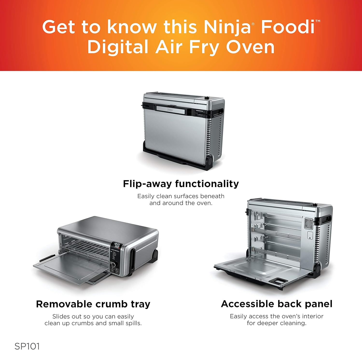 Ninja SP101 Digital Air Fry Countertop Oven with 8-in-1 Functionality, Flip Up & Away Capability for Storage Space, with Air Fry Basket, Wire Rack & Crumb Tray, Silver