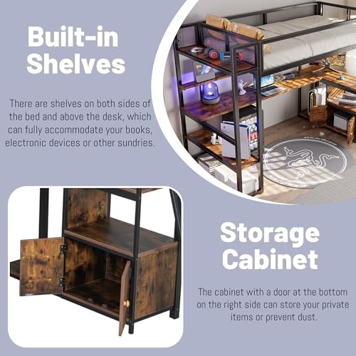 Full Size Loft Bed with Desk and Stairs,Metal Gaming Loft Bed Full with Wardrobe and Shelf, High Loft Bed with LED & USB Charging Station for Teens, Adults, Space Saving Design,Black