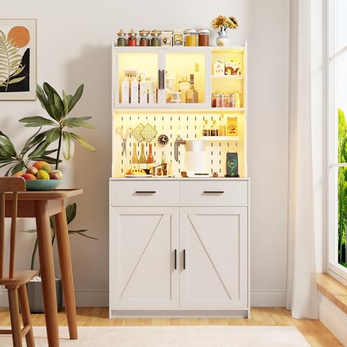 LED Kitchen Pantry Cabinet with Outlets, Farmhouse Storage Cabinet with Drawers & Adjustable Shelves, 64" Cupboard with Pegboard and Hooks for Dining Room (White)