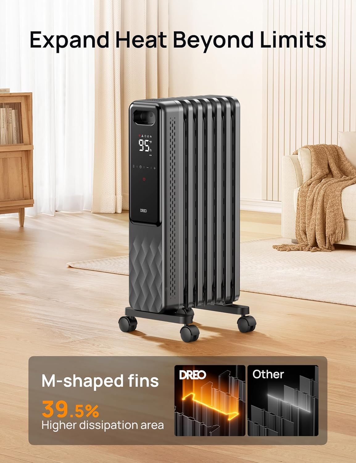Dreo 1500W Oil Filled Radiator Heater Bundle with Remote Control, 4 Modes, Overheat & Tip-Over Protection, 24h Timer, Digital Thermostat