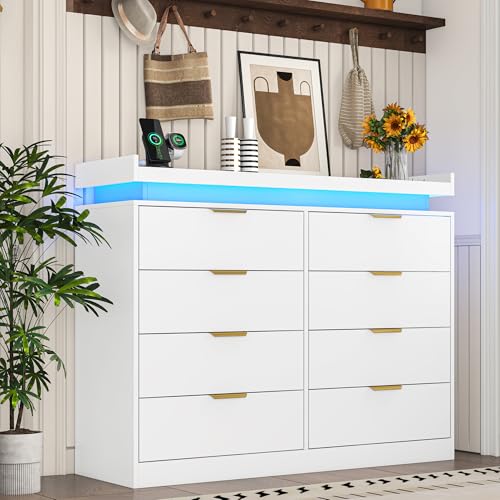 White Dresser with LED Lights, Wooden LED Dresser, 4 Drawer Chest with Charging Station, Tall Chest of Drawer Closet Organizer for Bedroom, Living Room, Entryway, Hallway