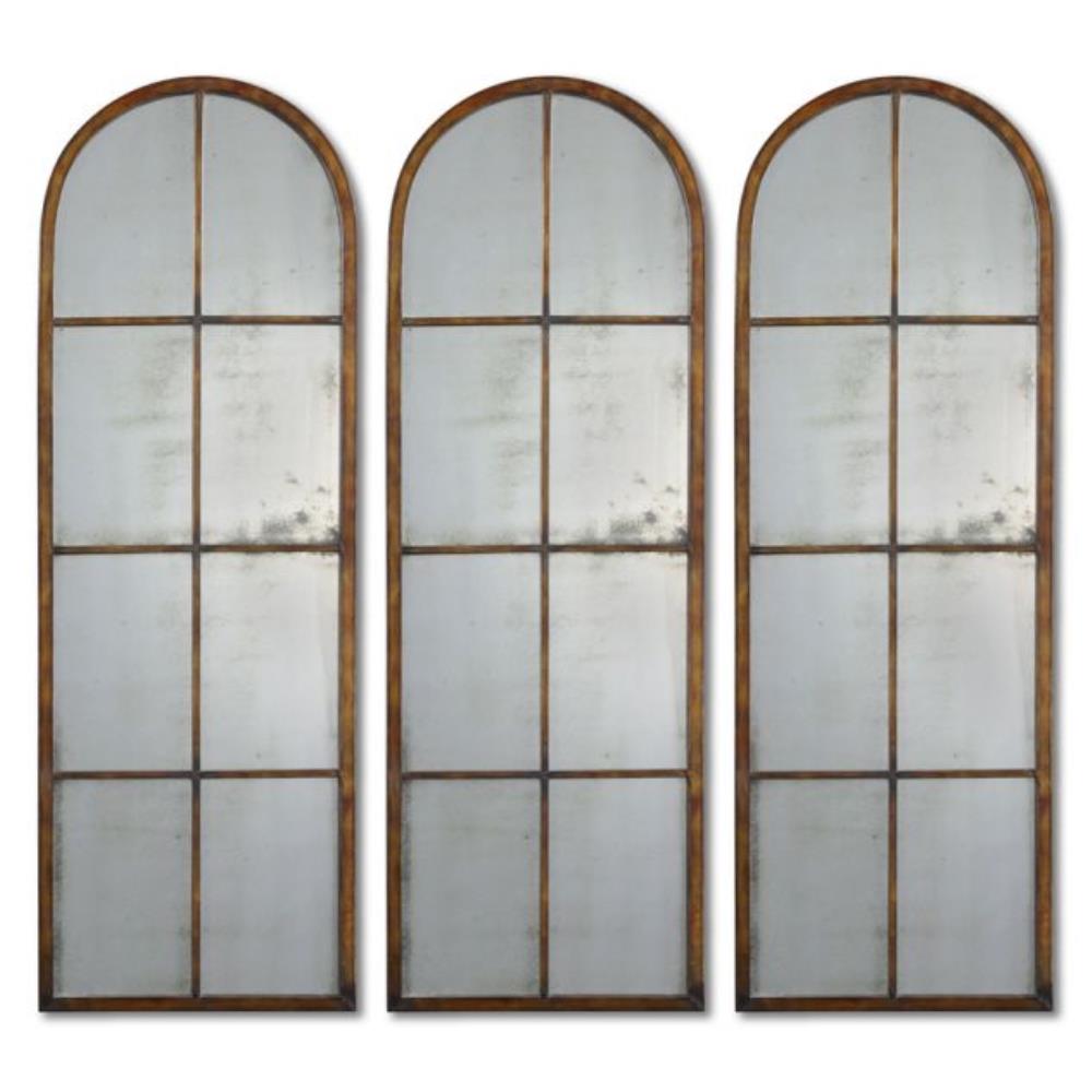 Antique Arch Windowpane Mirror in Maple Brown Wash with Metal Frame and Burnished Details 16.5 inches W X 50 inches H Bailey Street Home