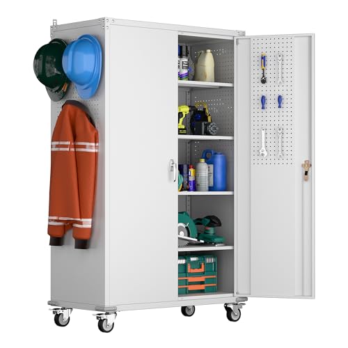 Aobabo 73''H Metal Garage Storage Cabinet with Wheels and Pegboards, 4 Adjustable Shelves Steel Storage Cabinets for Home,Warehouse,Garage,Assembly Required,White