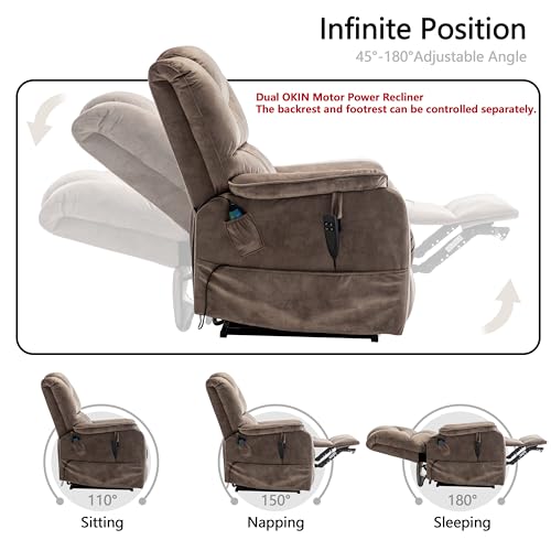 Oversized Power Lift Recliner Chair for Elderly with Massage Heat, Brown Velvet Electric Lay Flat Recliners with Cup Holders, Side Pockets, Infinite Position, Gift for Family
