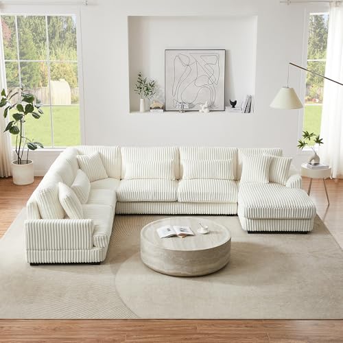 Oversized U-Shaped Sectional Sofa Couch Plush Corduroy Upholstered Modular Deep Seat Sofa&Couch Sectional W/Right Facing Chaise Lounge and 7 Toss Pillows for Home Apartment Living Room Furniture Sets