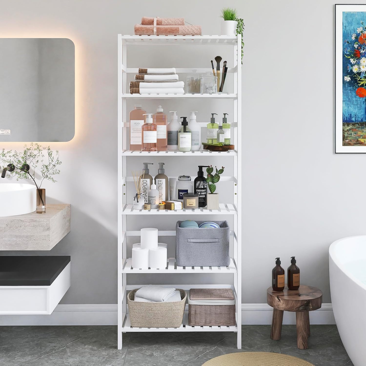 Bamboo Bookshelf Wall Cabinet Small Floor Cabinet Freestanding, Bathroom Storage Organizere with Adjustable Shelves and 4 Hanging Hooks, White