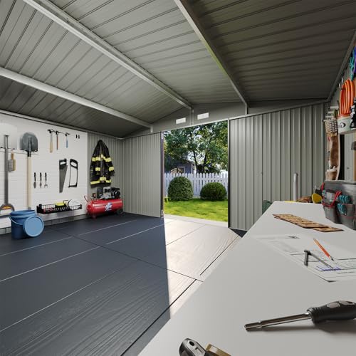 8'x4' Shed Galvanized Steel Storage Sheds with Triple Doors Weatherproof Outdoor Utility Sheds, Dual Lock Lean to Shed with Sloped Roof for Mower, Bike, Generator, Garden Tools (Black)
