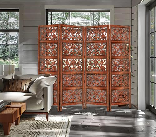 Room Divider Wood Screen - Ghanti Bells Antique Brown - 4 Panel Folding 72 x 80 - Assembled Hand Carved Decorative Functional Versatile Portable Partition Reversible Privacy Boho - COTTON CRAFT