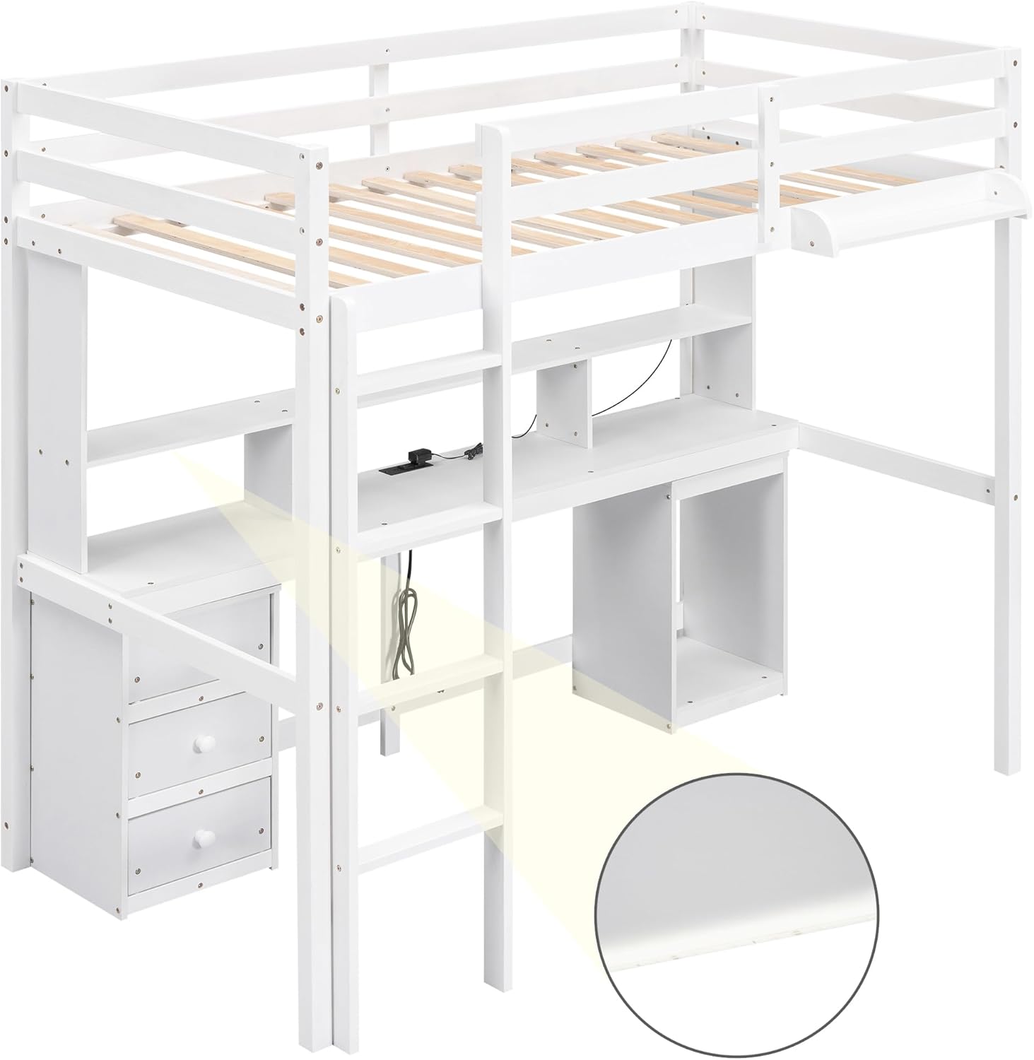 Full Size Loft Bed with Multi-Storage Desk, LED Light, Bedside Tray, Charging Station, and Wooden Frame with 3 Drawers - Perfect for Kids, Teens, Dorm Rooms, and Small Spaces, White（41.8" W）
