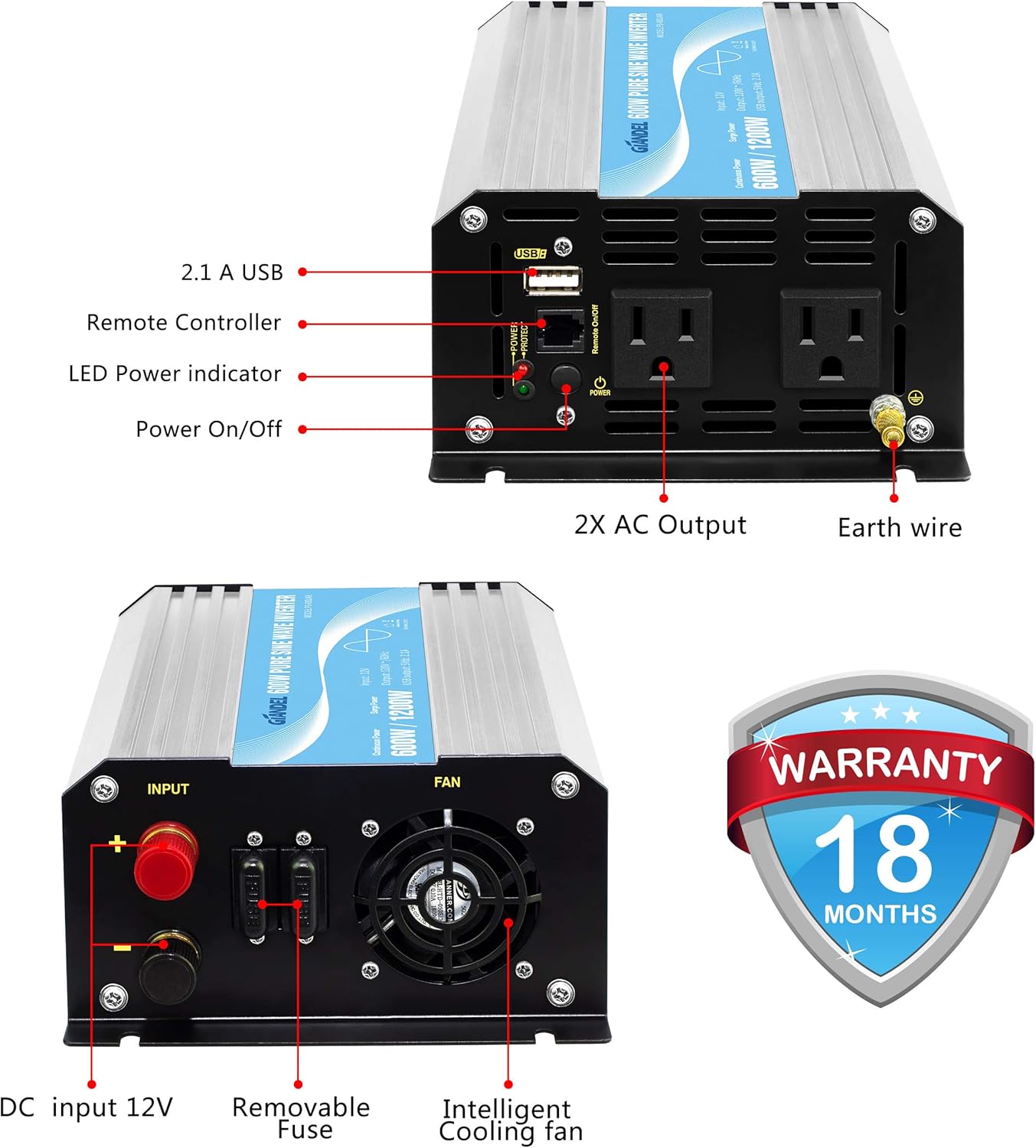 GIANDEL Power Inverter Pure Sine Wave 600Watt 12V DC to 110V 120V with Remote Control Dual AC Outlets and USB Port for RV Car Solar System Emergency