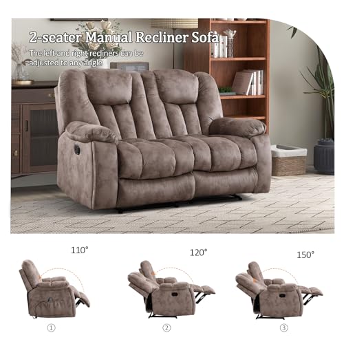 CANMOV Manual Recliner Sofa-Soft Fabric Reclining Living Room Set Loveseat Massage Heated Recliner Couch with Cup Holders, Side Pocket for Adults Elderly Apricot