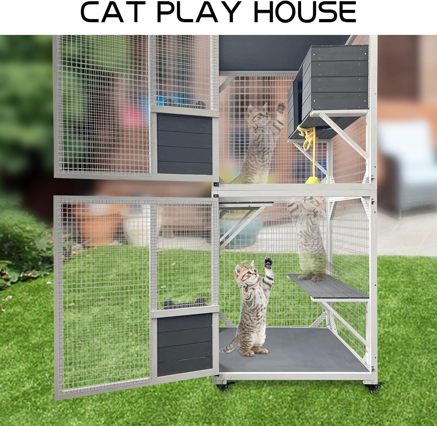 Cat House Catio Outdoor Cat Enclosure, 3-Tier Cat Cage Indoor on Wheels, Waterproof Roof Outdoor Cat Enclosures, 2 Windows & Doors
