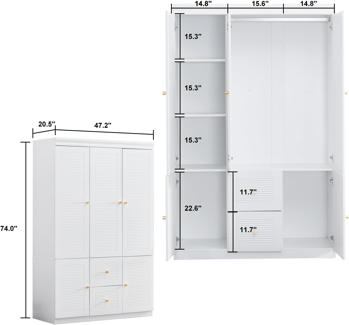3 Door Armoire Wardrobe Closet, Wooden 2 Drawers White Closet Cabinet for Large Capacity with Hanging Rod and 5 Storage for Tall Cabinet Closet 47.3" L x 20.3" W x 74.2" H