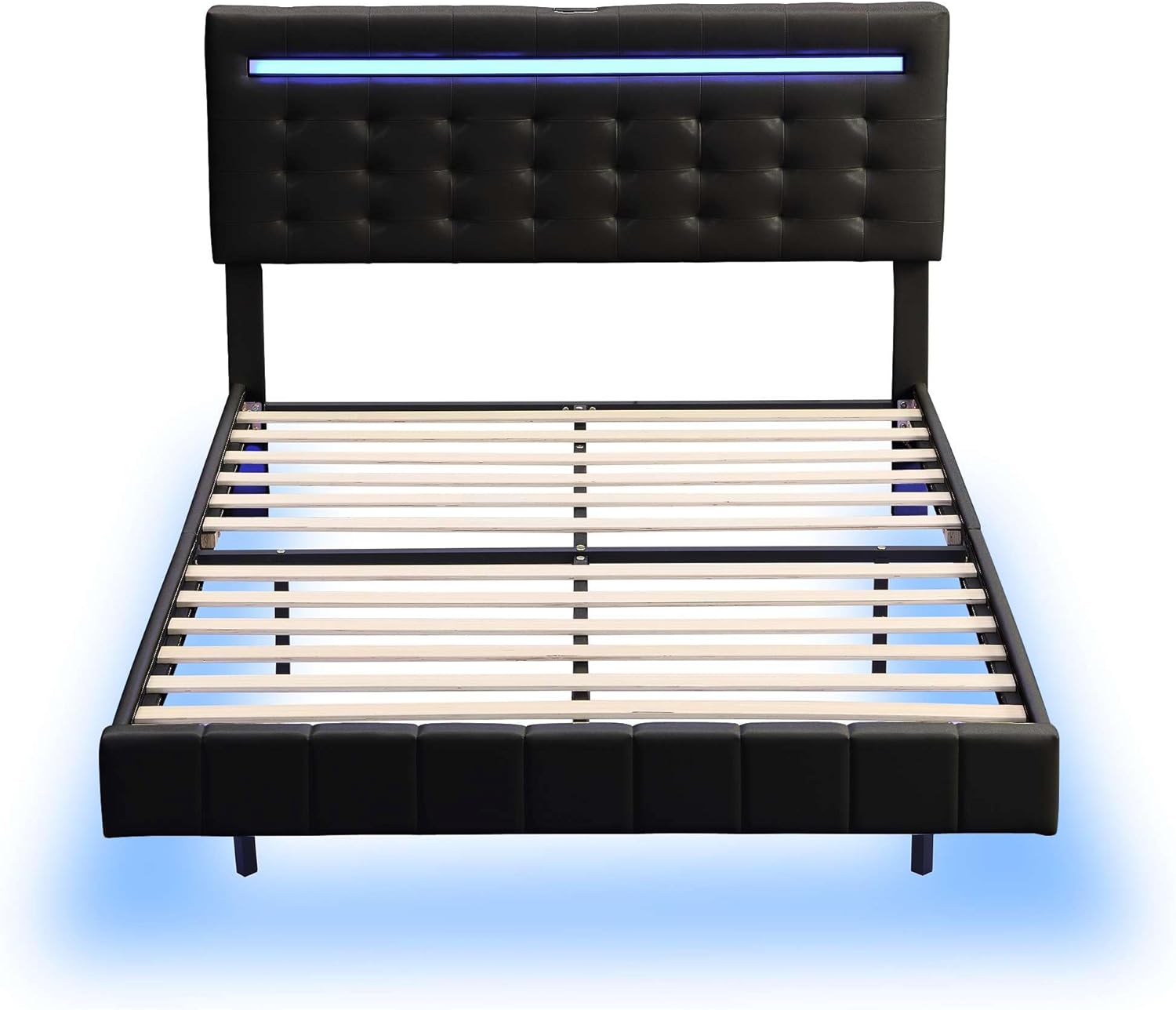 Modern Full Size Floating Bed Frame with LED Lights, USB Charging, and Upholstered Platform - Sleek Black Design for Contemporary Bedrooms (Full)