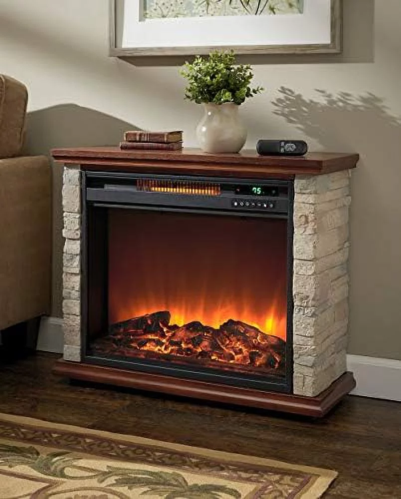 1500 Watt Electric Infrared Quartz Fireplace Heater For Indoor Use With 3 Heating And , Faux Stone & Oak Wood