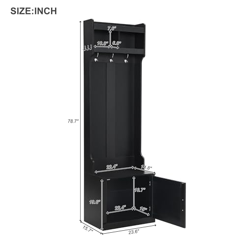 Narrow Hall Tree with Shoe Storage Bench, Mudroom Storage Cabinet with 6 Hanging Hooks, Wooden Storage Bench with Coat Rack, Foyer Cabinet for Hallway, Living room, White