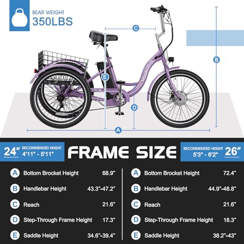 Electric Tricycle Trike for Adults 350W 36V Removable Battery 24/26 Inches 7 Speeds 3 Wheels Electric Bikes Bicycle for Adults, Three Wheel Electric Cruiser Tricycle