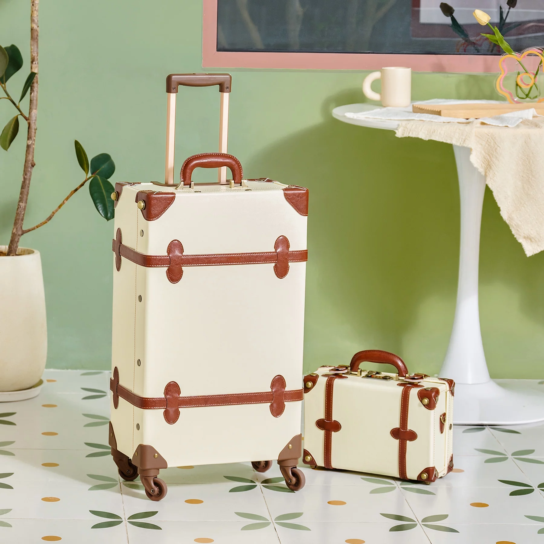 CO-Z Premium PU Vintage Classic Old-Fashioned Beige Trolley Suitcase and Hand Bag Set with TSA Locks Essential Luggage Choice