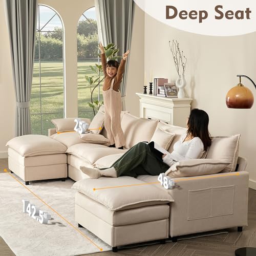 108" U Shaped Couch, Modular Sectional Sofa, 3-Seater Comfy Cloud Couch with Movable Ottoman, Deep Seat Couches for Living Room, Chenille, Black