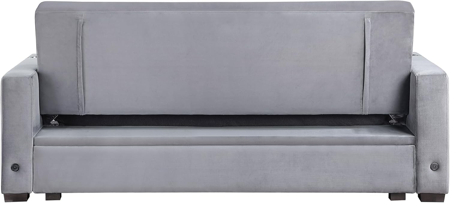 Lexicon Futon Sofa Bed, 83.5" Couch, Sleeper Sofa, Velvet Futon with Storage, Armrest, Two Cup Holders and USB Ports, Sofa Cama, Couches for Living Room and Bedroom, Grey