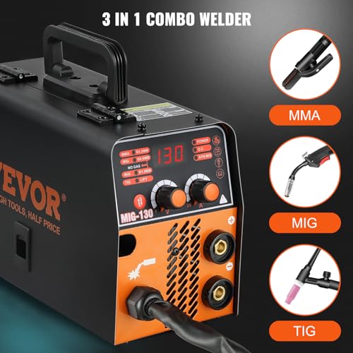 VEVOR MIG Welder, 130A Welding Machine, 3 in 1 Combo MMA/MIG/LIFT TIG Welder Machine, Flux Core Welder, MIG-130 Portable Welding Machine for Carbon Steel, Stainless Steel