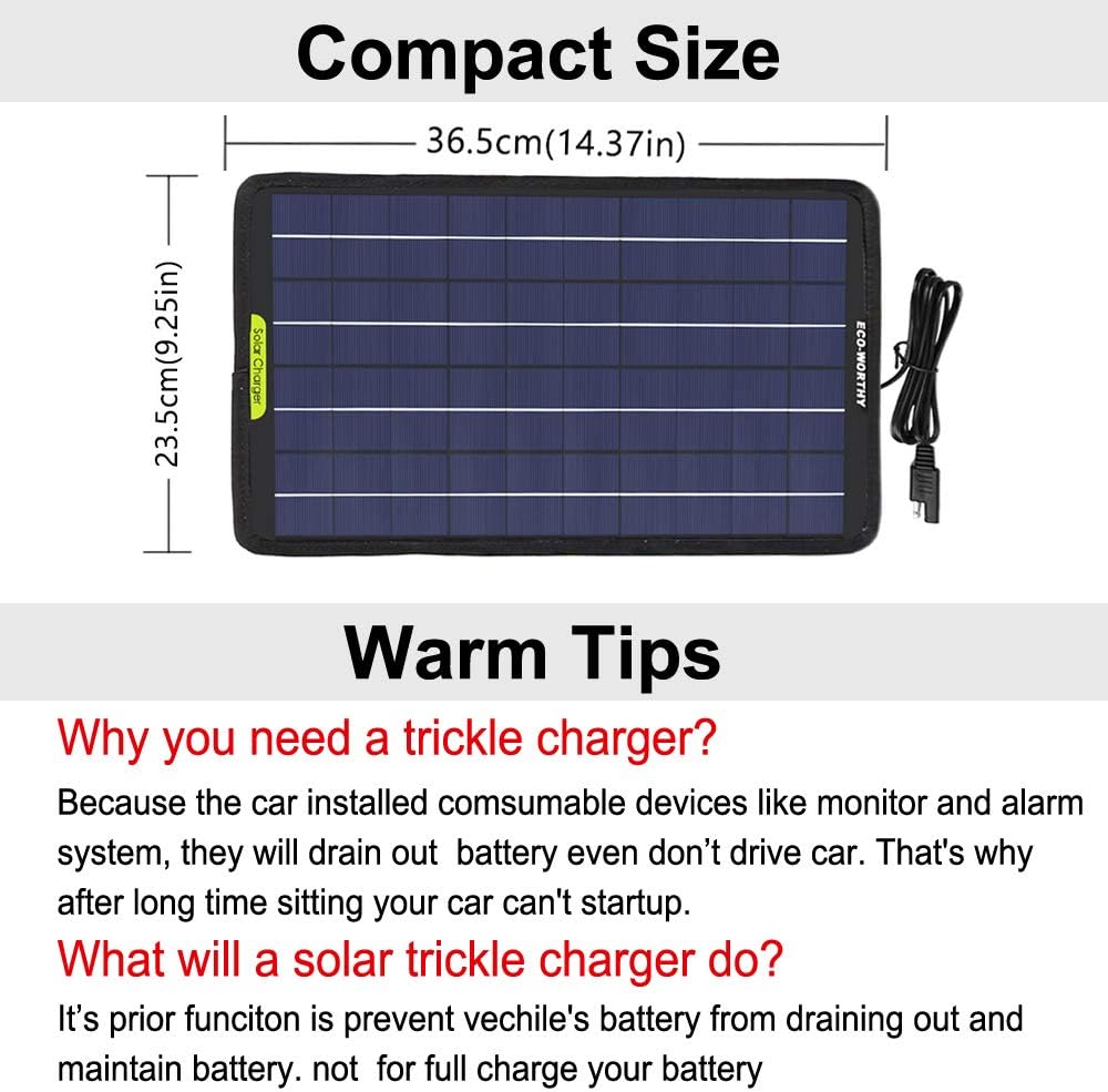 ECO-WORTHY 12 Volt 10 Watt Solar Car Battery Charger & Maintainer, Solar Panel Trickle Charger, Portable Power Backup Kit with Alligator Clip Adapter for Car, Boat, Automotive, Motorcycle, RV